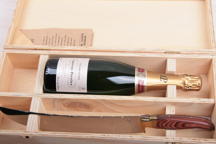 Saber Laguiole in luxury box with bottle of Champagne Laurent-Perrier